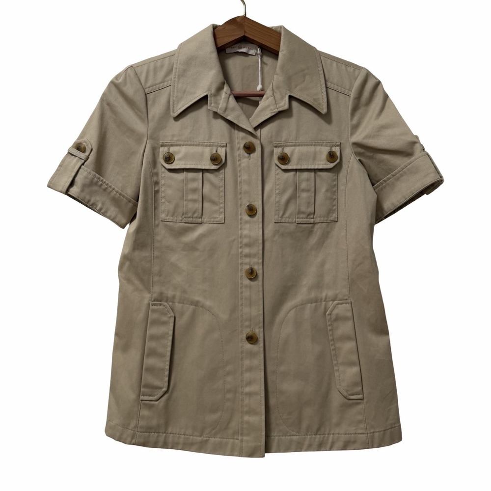 Tory Burch Womens Cotton Twill Safari Short Sleeve Collared Shirt Size 0 Khaki